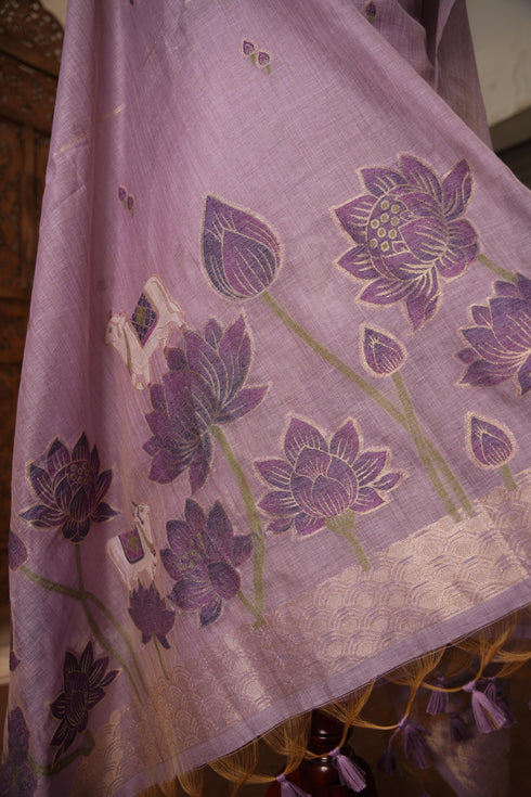 Contemporary Cow Lavender Muga Cotton Jamdani Unstitched Suit Set